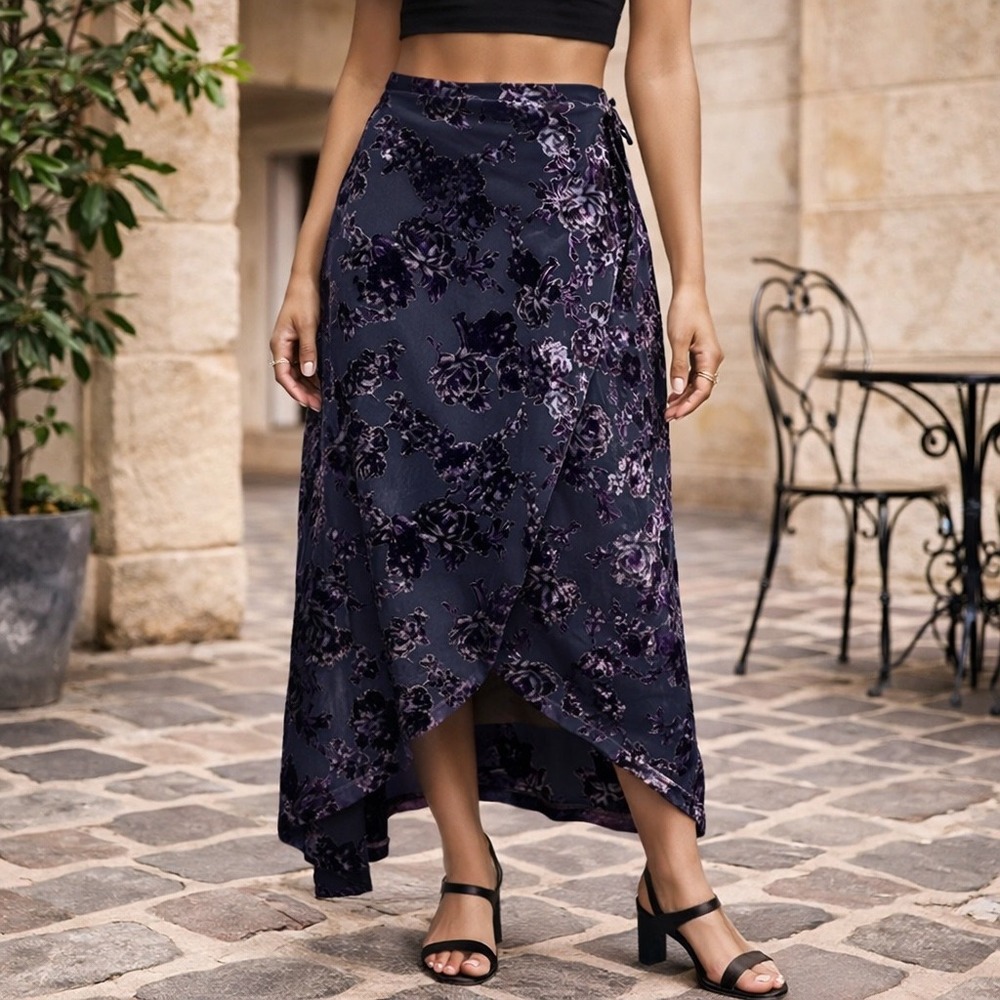 En Elly Anthropologie Skirt Women XS‎ Purple Velvet Burnout Wrap Whimsigoth Goth